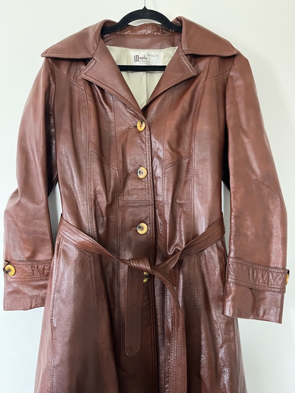 Vintage Genuine Leather Brown Belted Trench Coat 16 Equestrian Quiet Luxury - Picture 3 of 7